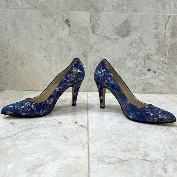 ZAPATO {38} Pumps Floral Fabric Blue Metallic Handmade - Picture 8 of 16